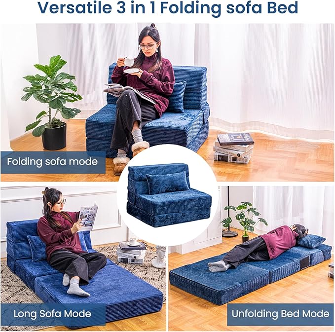 Folding Sofa Bed, Convertible Sleeper Chair with Pillow, High Density Memory Foam Fold Out Couch, Foldable Mattress Futon Sofa for Living Room/Dorm/Guest Use/Apartment/Home Office
