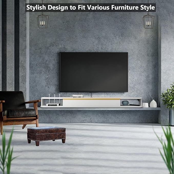 Floating TV Stand, 47'' Wall Mounted Entertainment Center TV Media Console, Floating Shelves with Door, Floating TV Cabinet Large Storage TV Bench for Living Room (White, 47.63IN)