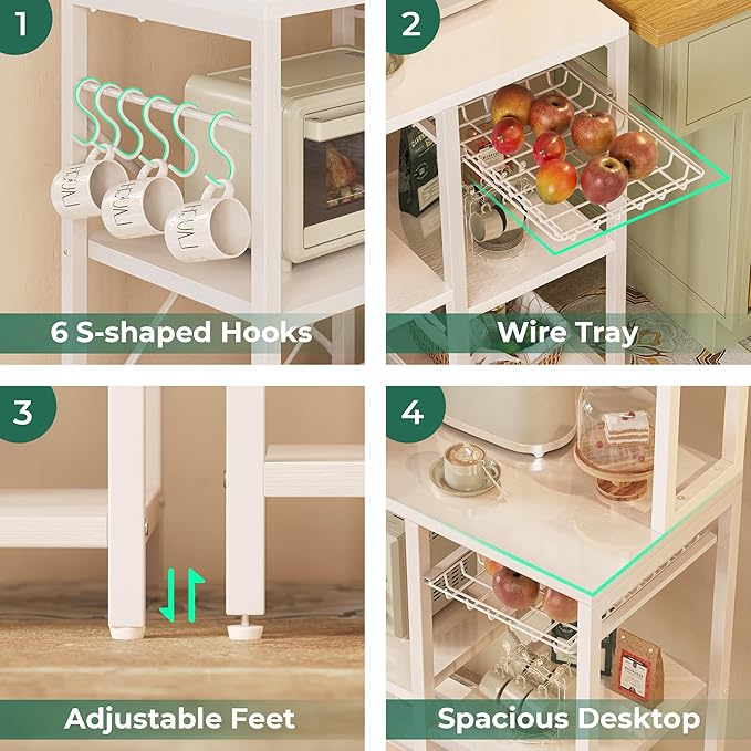 SUPERJARE Bakers Rack with Power Outlet, 35.4 Inches Coffee Bar with Wire Basket, Kitchen Microwave Stand with 6 S-Shaped Hooks, Open Storage Shelves, White