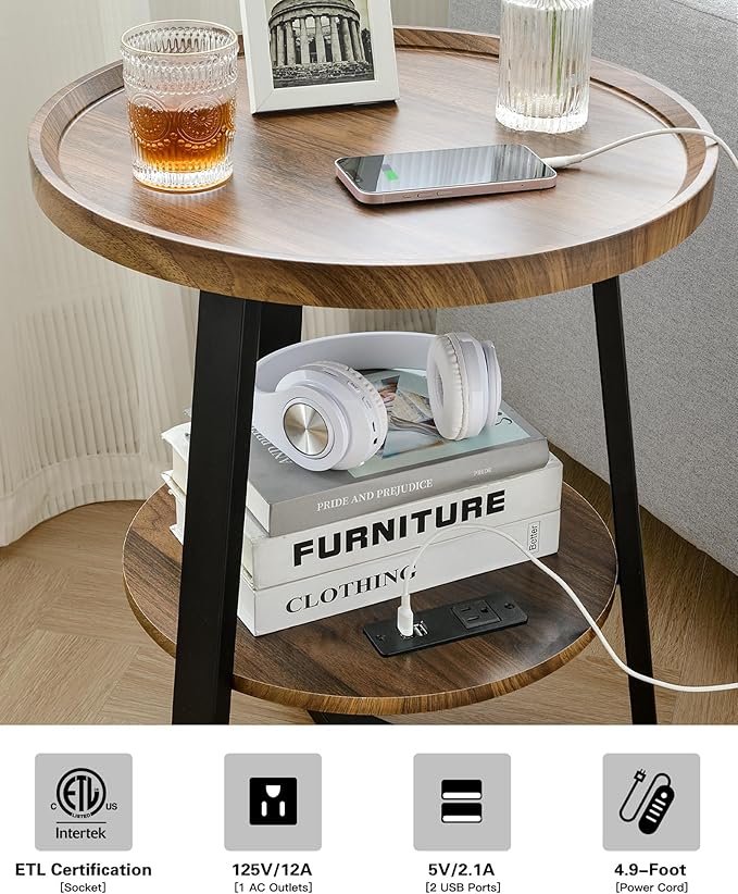 Round End Table with Charging Station, 19.7" Dia x 23.63" H, Side Table with Storage Shelf, Accent Table, for Living Room, Bedroom, Small Spaces, Metal Frame, Industrial Style (Brown + Black)