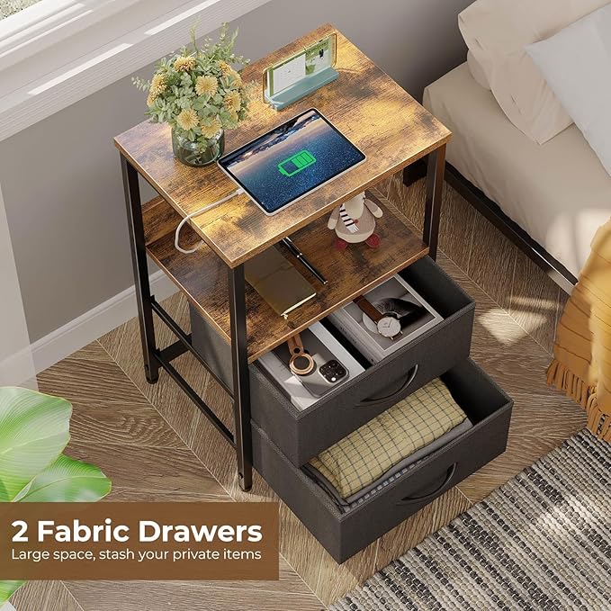 Seventable Nightstand Set of 2 with Charging Station, Bedside Table with LED Lights, Night Stand with 2 Fabric Drawers, 3-Tier Storage End Table for Bedroom, Rustic Brown