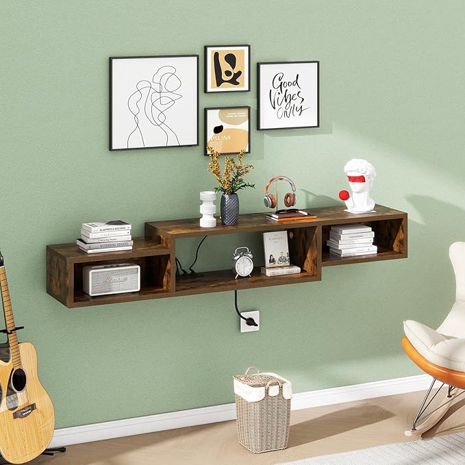 IBUYKE 59" Floating TV Stand Wall Mounted with Power Outlet,Wood Wall Mounted Media Console Shelf,Floating Entertainment Center for Under TV Storage for Living Room Bedroom Office,Rustic Brown WST007H