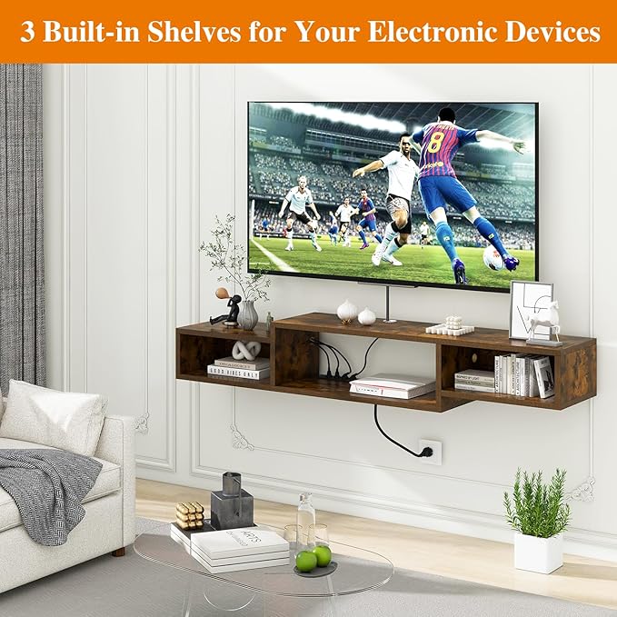 IBUYKE 59" Floating TV Stand Wall Mounted with Power Outlet,Wood Wall Mounted Media Console Shelf,Floating Entertainment Center for Under TV Storage for Living Room Bedroom Office,Rustic Brown WST007H