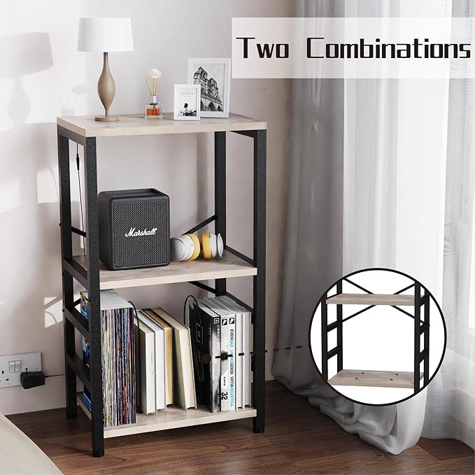 End Table with LED Light,Record Player Stand with Albums Storage,Vinyl Records Storage,Turntable Stand Side Table for Music Room Studio Living Room Bedroom-Greige
