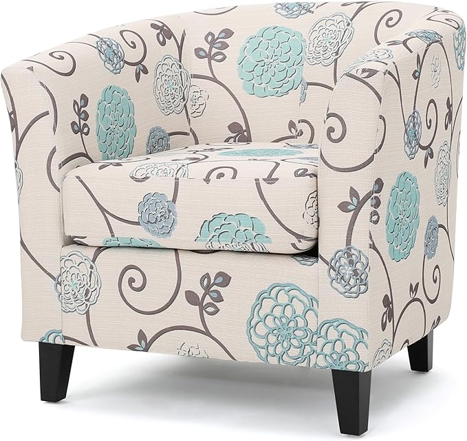 Ball & Cast Upholstered Arm Chair,Classic American Style Flower Design Fabric Dining Chair,Comfy Farmhouse Accent Chair with Padded Seat and Backrest for Living Room Kitchen,White+Blue