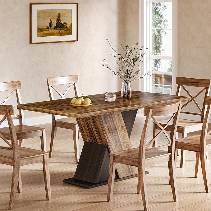 LITTLE TREE 55-Inch Dining Table for 6, Wooden Rectangle Kitchen Table, Large Dining Room Tables, Industrial Dinner Table with Heavy Duty Pedestal, Rustic Brown