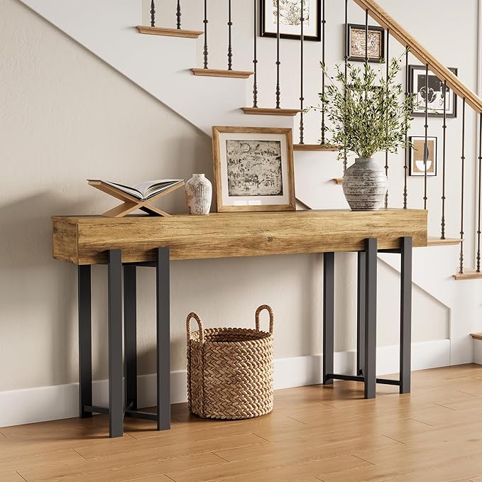 LITTLE TREE 63-Inch Console Table for Entryway, Industrial Behind Couch Table, Minimalist Sofa Table for Living Room, Rustic Brown Wooden Hallway Foyer Table with Black Metal Frame