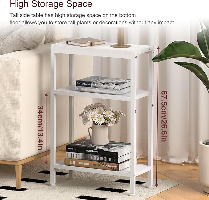 Narrow Side Table for Small Space, 3-Tier Small End Table with Shelf Holder, Slim Nightstand, Skinny Snack Couch Table in Living Room, Bedroom, Study, Kitchen and Balcony (White)