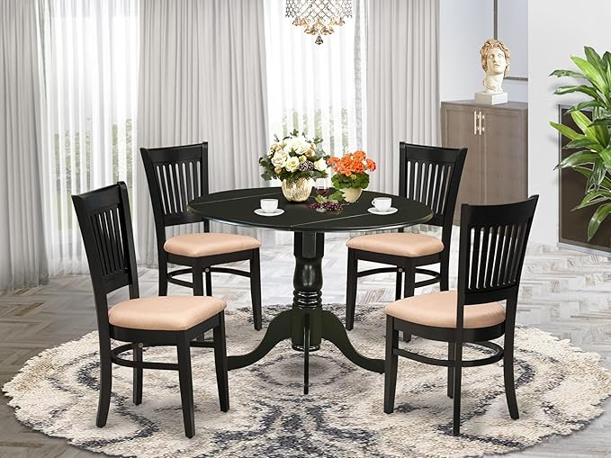 East West Furniture DLVA5-BLK-C 5 Piece Dining Table Set for 4 Includes a Round Kitchen Table with Dropleaf and 4 Linen Fabric Upholstered Dinette Chairs, 42x42 Inch, Black