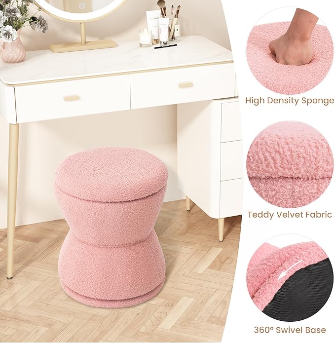 Round Ottoman with Storage, 360° Swivel Boucle Ottoman Vanity Stool, Upholstered Footstool with Storage Removable Lid, Modern Footrest Coffee Table for Living Room, Dorm, Makeup Room, Pink
