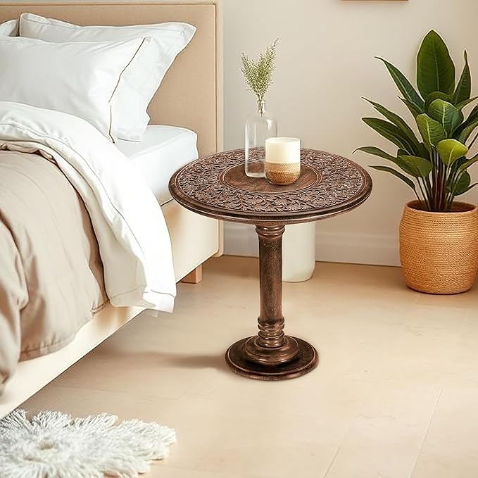 Wooden End Table for Living Room - 18x22 Burnt Finish Carved Side Table, Single Pillar Nightstand, Bedside Table for Books, Plants, Magazines, Small Space Accent Table