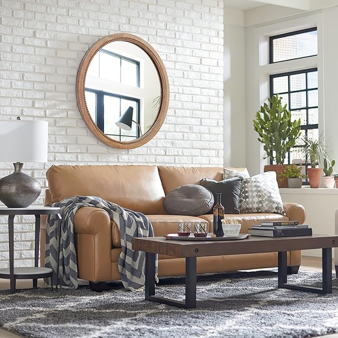 Sawsile Round Decorative Circle Farmhouse Style Mirror - 18inch Rustic Natural Wooden Frame Beads for Bedroom, Bathroom, Living Room or Entryway