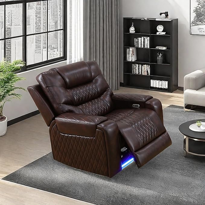 Recliner Chair, Leather Recliner Home Theater Seating, Electric Reclining Chair with USB Ports and Cup Holders, Breathing Chair with Hidden Arm Storage, Dark Brown