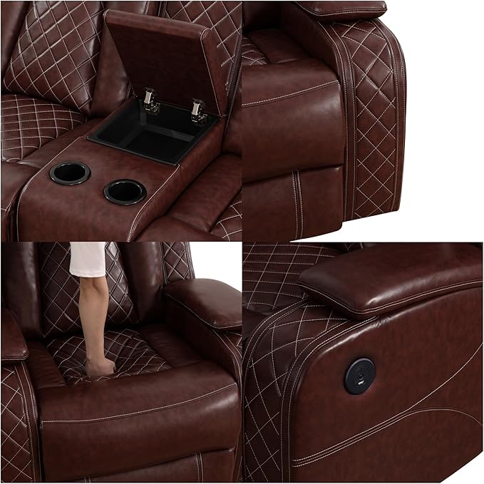Loveseat Recliner Sofa, Reclining Loveseat Leather Couch with Storage Console, Modern Comfy Home Theater Seating Power Recliner Chair with Cup Holders for Living Room Furniture Sets, Red