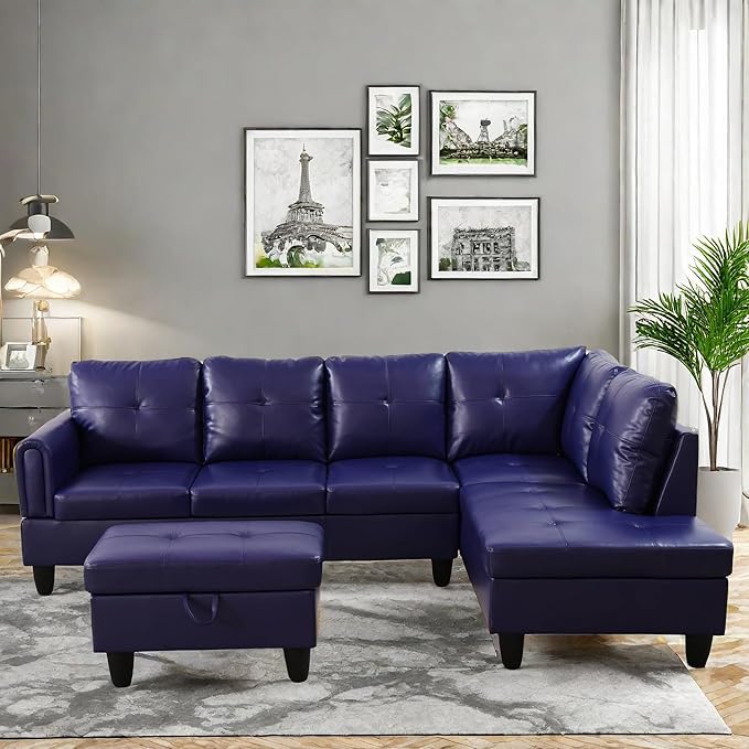 Convertible Leather Sectional Couch, Modern L Shaped Couch with Storage, Large Modular 5-Seat Sectional Sofa with Ottomans for Living Room and Office, Dark Blue-Violet