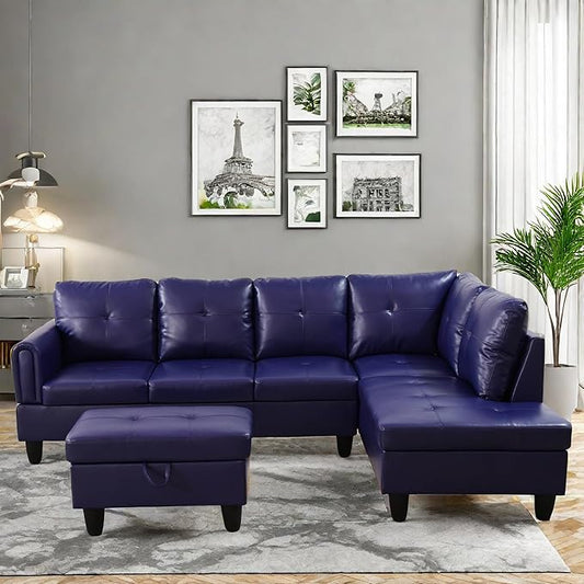 Convertible Leather Sectional Couch, Modern L Shaped Couch with Storage, Large Modular 5-Seat Sectional Sofa with Ottomans for Living Room and Office, Dark Blue-Violet
