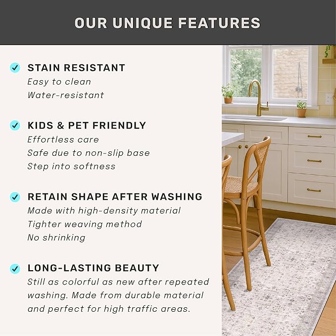 Light Gray Kitchen Rug 12 ft Long - Modern Boho Eclectic Floral Geometric Decor, Washable Low Pile Non-Slip Extra Long Wide Runner Rugs for Hallway, 3x12