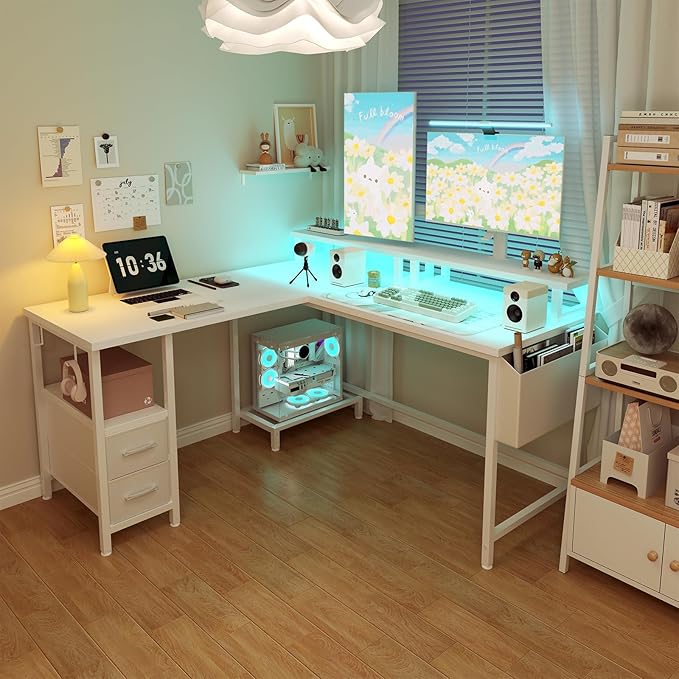 Lufeiya White L Shaped Computer Desk with Fabric Drawers, 47 Inch Corner Home Office Desk with Monitor Stand Shelves, Writing Study Gaming Desks with Led Lights and Power Outlets for Bedroom, White