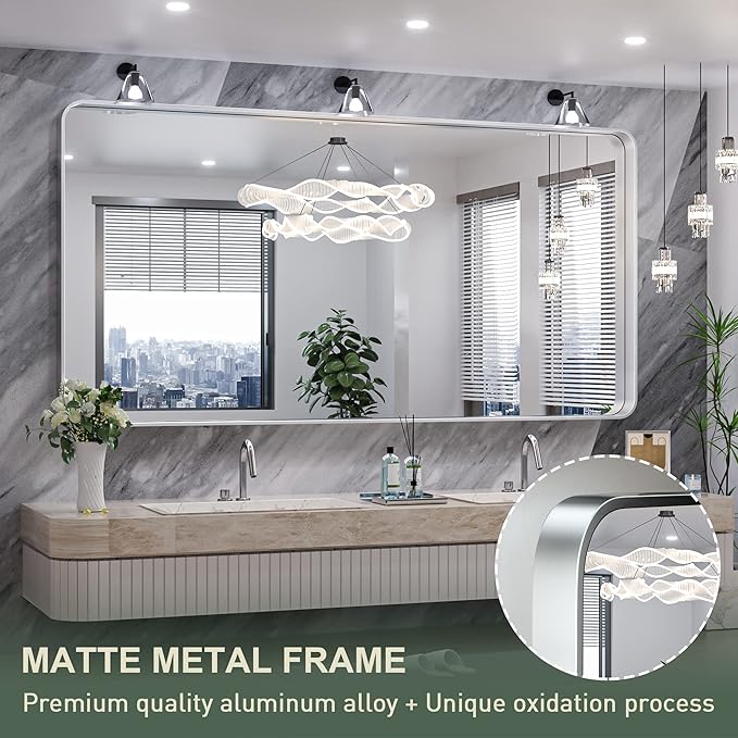 TokeShimi 72 x 36 Inch Brushed Silver Mirror Wall Mirror for Bathroom Black Metal Frame Decorative Rectangular Wall Mounted Home Decor Corner Hangs (Horizontal/Vertical)