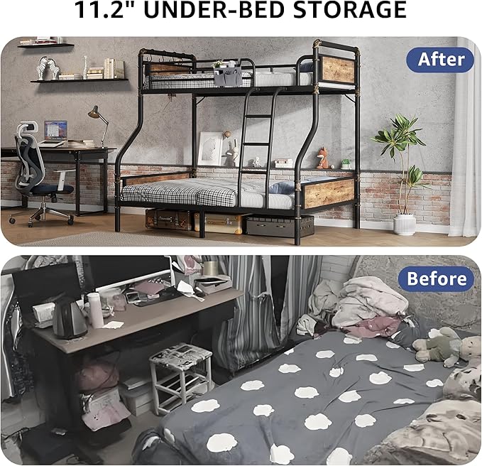 Metal Bunk Bed Twin Over Full, Industrial Bunkbeds Heavy Duty Bed with Safety Guard Rails and Space-Saving Design, Steel Bed for School, Bedroom (Vintage Brown)