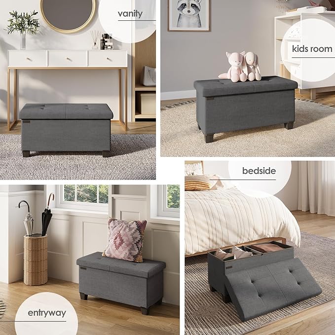 STORAGEBUD Storage Ottoman Bench with Bins, 30-in Storage Bench for Bedroom End of Bed, Folding Foot Rest Ottoman for Living Room Max 660lbs, Fabric Ottomans, Grey