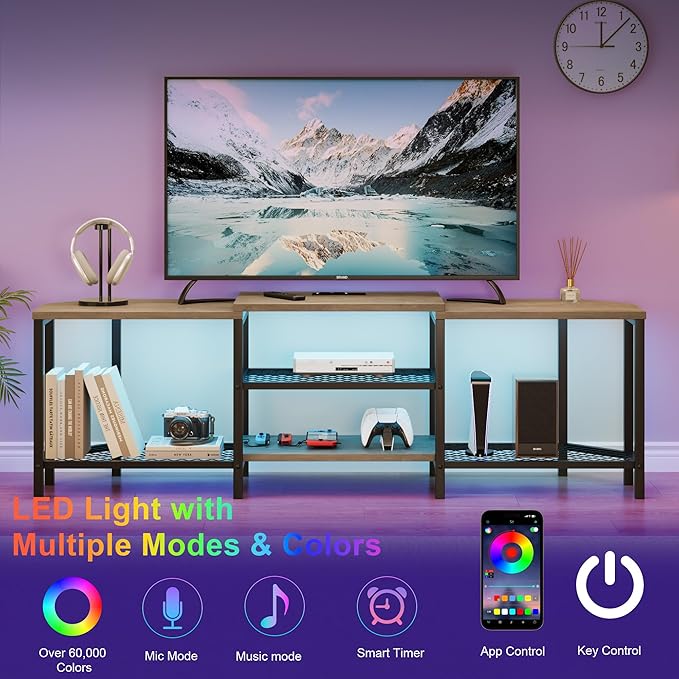 GarveeHome 67 Inch Large TV Stand with LED Lights for 55/65/75 Inch TV, Corner Entertainment Center with Power Outlets, 4 Open Storage Shelves, Media Console for Living Room, Bedroom, Grey