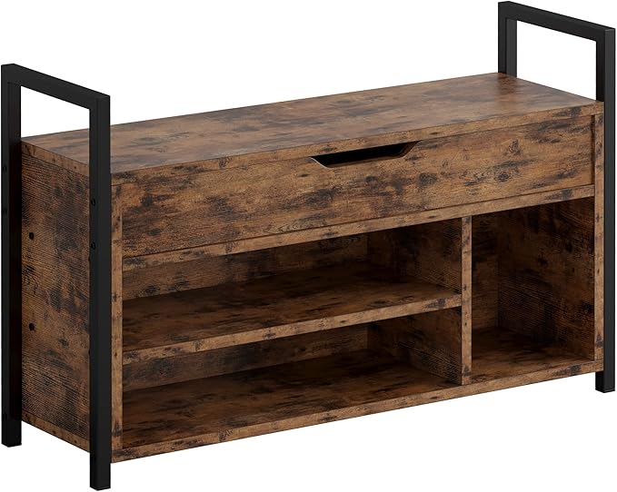 IRONCK Shoe Storage Bench, Entryway Bench with Lift Top Storage Box, Metal and Board Bench for Entryway, Two Tier Shoe Rack Organizer for Entryway, Hallway, Industrial, Vintage Brown