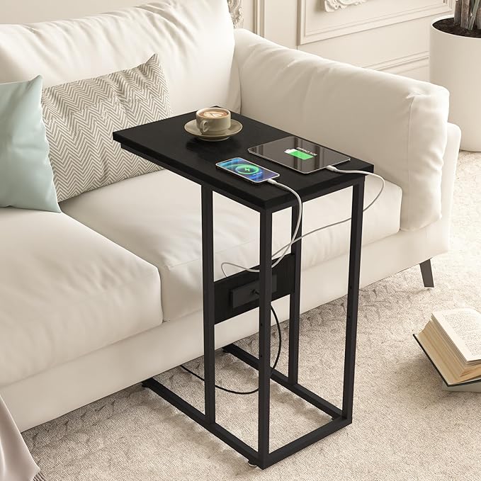 VECELO C Shaped End Side Table with Charging Station & Power Outlets for Couch Sofa/Bed, Snack TV Tray with Metal Frame for Living Room Bedroom 1 Set, Black