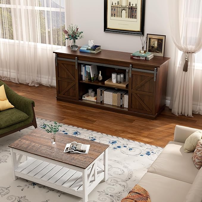 YESHOMY TV Stand for Televisions up to 65 Inches, with Sliding Barn Doors and Storage Cabinets, Console Table and Media Furniture for Living Room, 58 Inch, Espresso