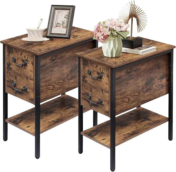 VECELO End Tables,Narrow Nightstand with Drawers and Storage Shelf,Modern Night Stand for Small Spaces, Living Room,Bedroom