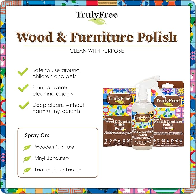 Natural Wood Cleaner & Furniture Polish - Leather Cleaner, Vinyl, Furniture & Wood Polish, Helps Remove Water Stain, Unscented - Includes: 1 Refillable Empty 12oz Bottle & 1 Refill(3 fl oz)