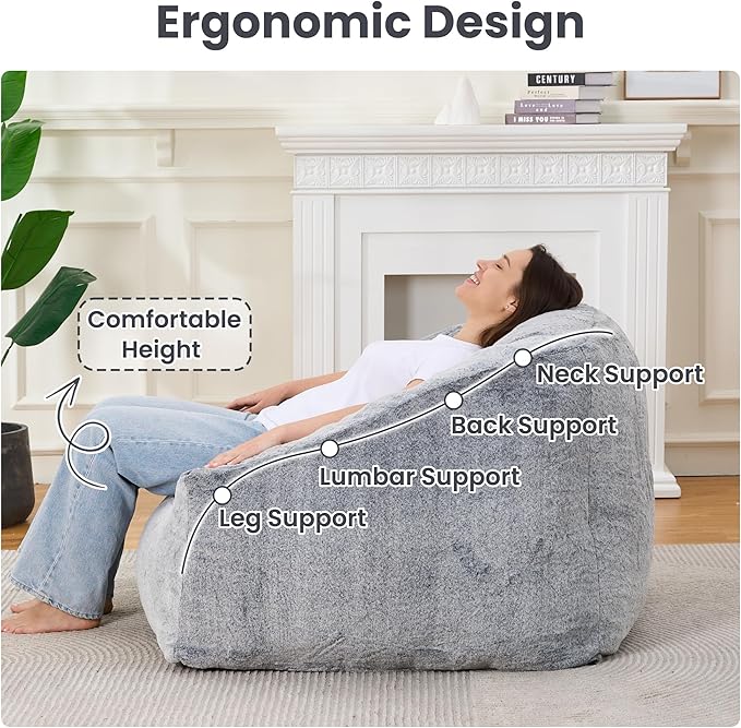 Bean Bag Chairs for Adults, Giant Beanbag Sofa Comfy Reading Chair, Oversized Bean Bag Chairs for Living Room Bedroom, Soft Faux Fur Fabric, 3.2FT, Dark Grey, Plush