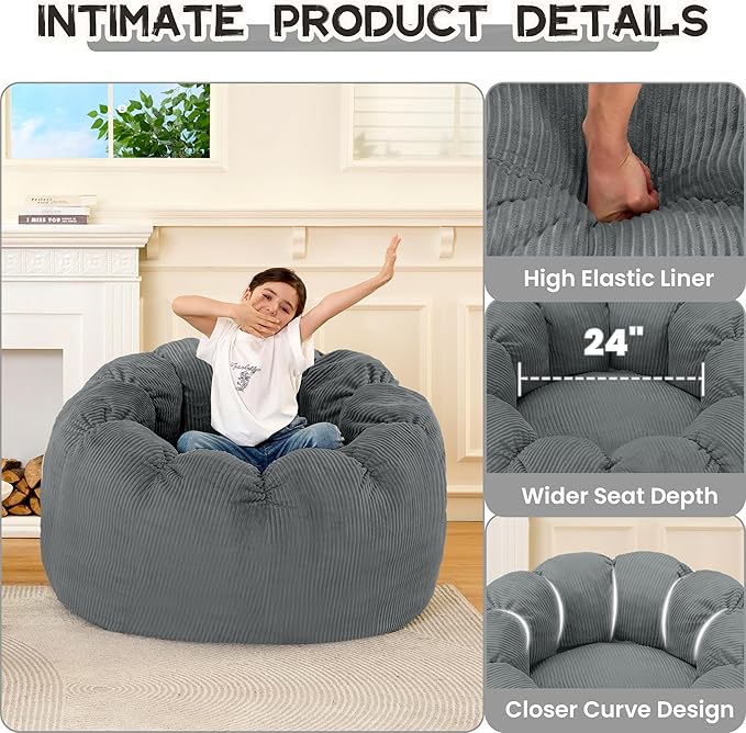 HABUTWAY Giant Bean Bag Chair for Adults/Kids/Teens, Pumpkin Bean Bag Couch Comfy Reading Chair for Bedroom, Corduroy Lazy Sofa Loughe Chair with Wider Seat Depth & Non-Slip Bottom(Dark Grey)