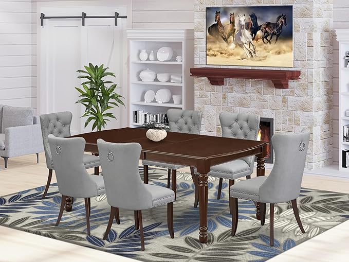 East West Furniture DODA7-MAH-27 7 Piece Dining Set Consists of a Rectangle Kitchen Table with Butterfly Leaf and 6 Polyester Fabric Upholstered Chairs, 42x78 Inch, Mahogany