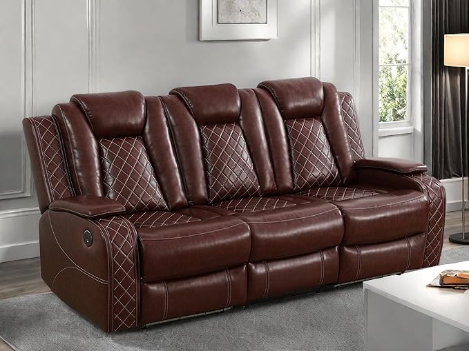 Leather Recliner Sofa Couch, 3-Seater Home Theater Seating Reclining Sofa, Power Reclining Couch with Cup Holders & Drop Down Table for Living Room Furniture Sets, Red