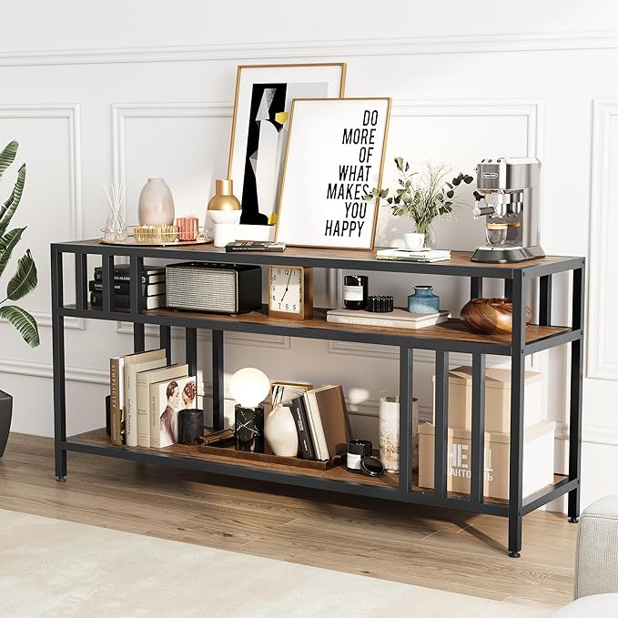 Garvee 58" TV Stand for Television up to 65 Inch, Entertainment Center with 3-Tier Open Shelves, TV Media Console Table Quadruple-Tube Support for Living Room, Entryway, Rustic Brown