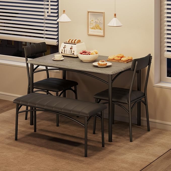 Garvee Dining Table Set for 4, Kitchen Table with Upholstered Bench and 2 Chairs, 4-Piece Wooden Dining Table Set for Apartment, Dining Room, Small Space, Gray
