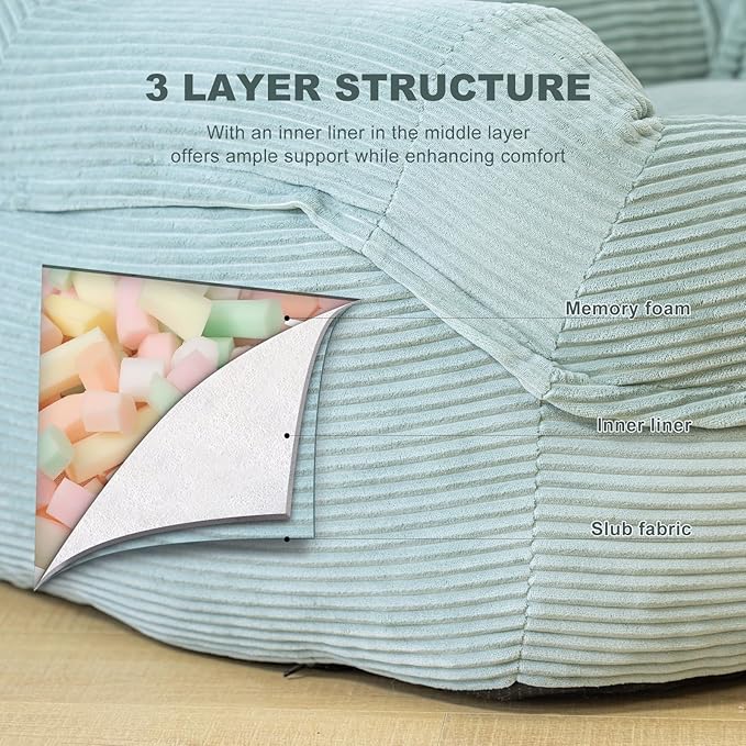 Giant Bean Bag Chair with Armrests - Oversized Cozy Seating for Adults, Corduroy Fabric & High - Density Foam Filling, Ideal Lounge for Living Room, Bedroom & Gaming Room (Mint Green)
