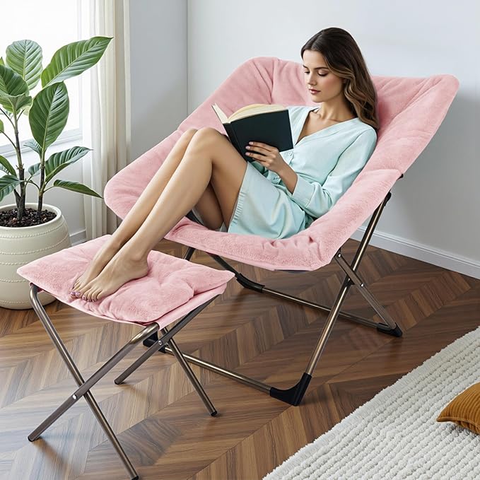 Kokel Plush Folding Chair and Ottoman Padded Metal Frame Living Room Chair (Pink-TM8)