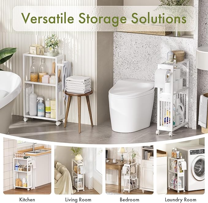 AmazerBath White Toilet Paper Holder Storage - 3 Tier Bamboo Mobile Storage Shelf, Small Bathroom Rolling Storage Cabinet Corner, Thin Shelf for Narrow Spaces on Wheels, Slim Bathroom Organizer, White