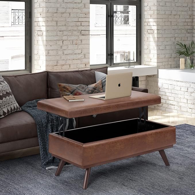 SIMPLIHOME Owen 42 inch Wide Mid Century Modern Rectangle Lift Top Large Coffee Table Storage Ottoman in Distressed Saddle Brown Vegan Faux Leather, Assembled, for the Living Room and Entryway