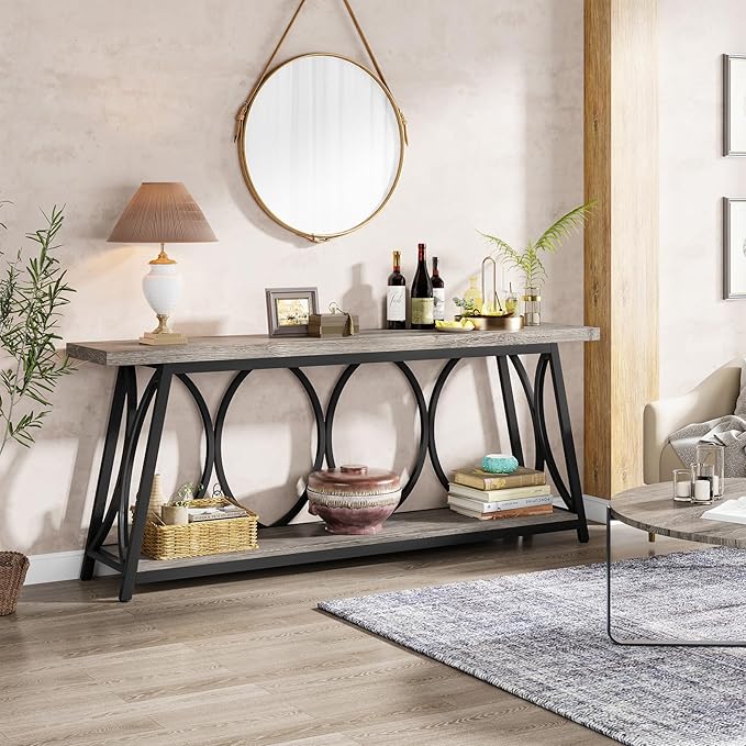 Tribesigns 70.9 inch Extra Long Console Table, Industrial Sofa Table Behind Couch with 2 Tier Storage Shelf, Narrow Entryway Hallway Accent Table for Living Room, Grey
