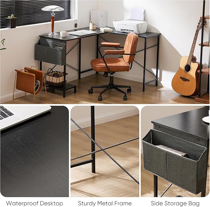 Whitmor L Shaped Gaming Desk - 50 Inch Reversible Corner Computer Desk with Wood Top, Metal Frame, CPU Stand & Side Bag, Home Office Dorm Sturdy Writing Workstation, Black