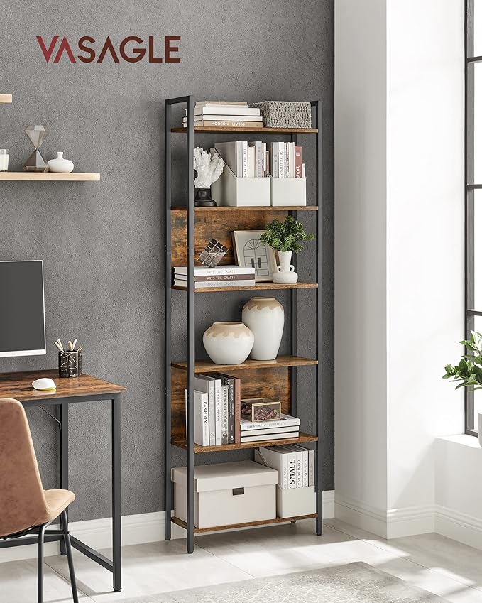 VASAGLE 6-Tier Bookshelf, Book Shelf, Industrial Bookcase, with Steel Frame, for Living Room, Home Office, Bedroom, 9.4 x 23.6 x 73.2 Inches, Rustic Brown and Black ULLS113B01
