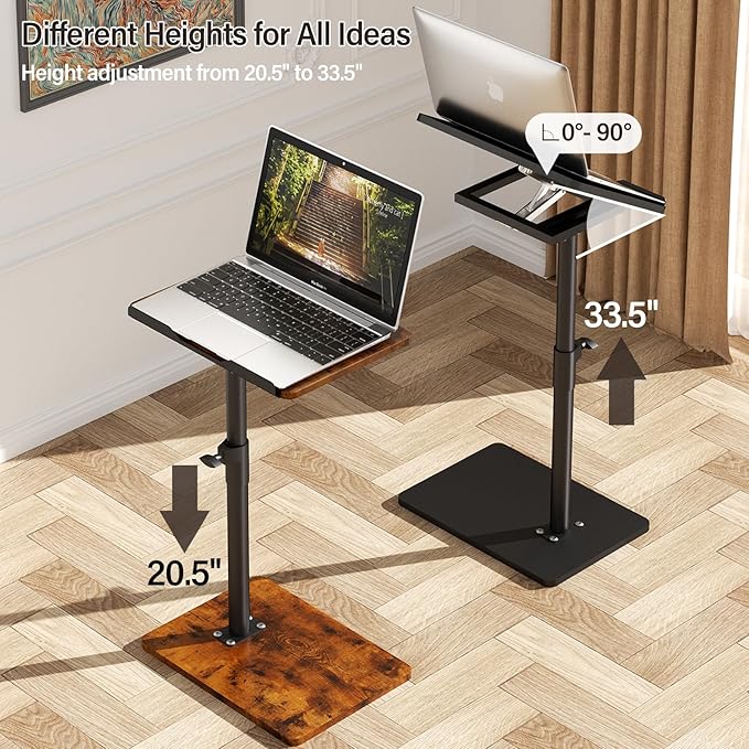 Sofa Armrest Tray Table for Couch - 360° Swivel Height Adjustable End for Small Spaces, Snack Side Table for Bed or Chair with Phone & Tablet Slot (Rich,Angle Adjustable)