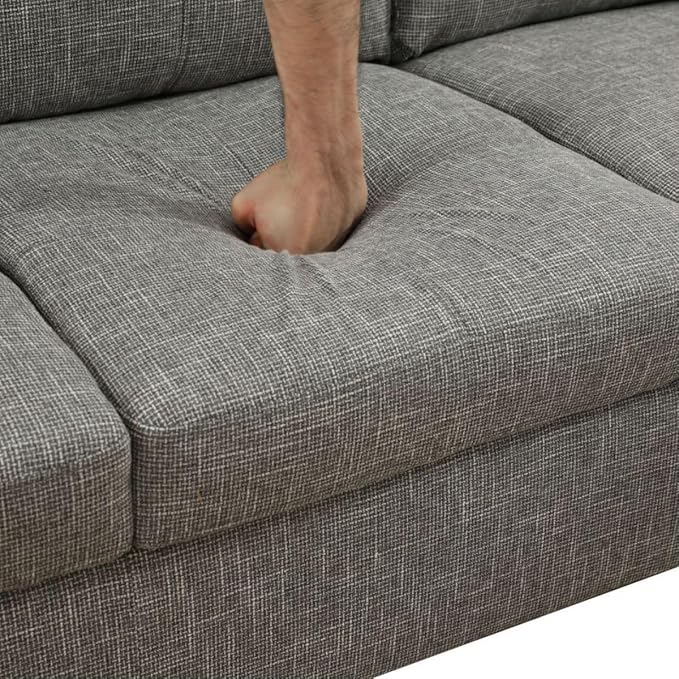Grey-2 L-Shaped 3-Piece Linen Sofa with Storage Ottoman Set, Sectional Couch Sofa Set for Living Room, Office, Small Space