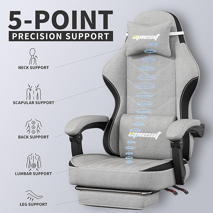 Gaming Chair,Fabric Computer Chair with Pocket Spring Cushion,400 lb Load Capacity,Ergonomic Office Chair with Footrest,Height Adjustable Video Gamer Chair with Lumbar Support (Grey)