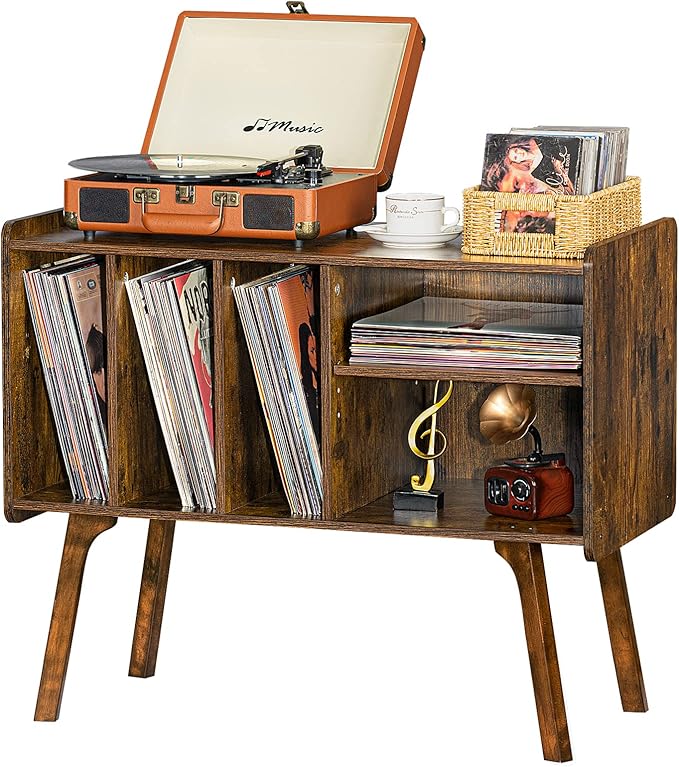 Lerliuo Record Player Stand with 4 Cabinet Holds Up to 220 Albums, Large Turntable Stand with Beech Wood Legs, Mid-Century Record Player Table,Brown Vinyl Holder Storage Shelf for Bedroom Living Room