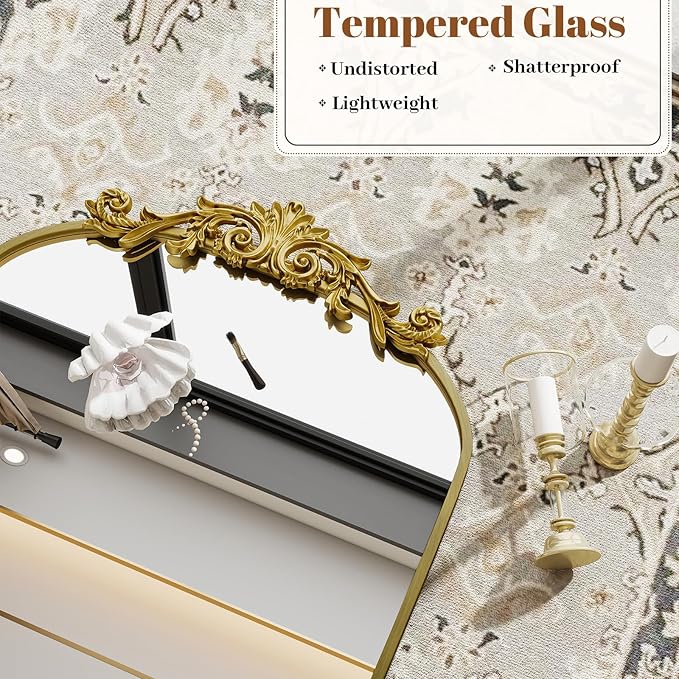 Vintage Arched Wall Mirror, 26x38 inch Retro Arch Bathroom Mirror, Carve Pattern Top Wall Mounted Vanity Mirror with Metal Frame, Bathroom Mirror Hanging or Leaning, Gold