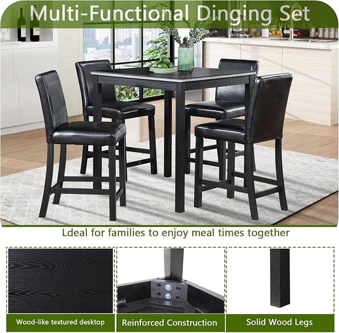 Counter Height Square Dining Table Set with 4 Upholstered Chairs - Easy to Assemble, Black